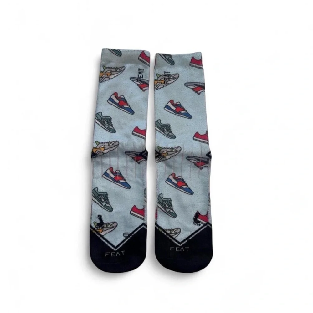 FEAT Blanket Blend Crew Socks - Light Blue Sneaker Print - Size Large